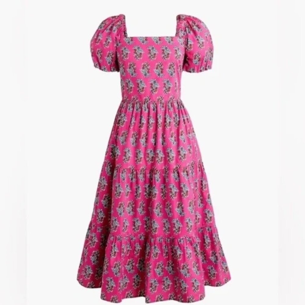 J.Crew Tiered Midi Puff Sleeve Dress – Pink Floral, Size 8